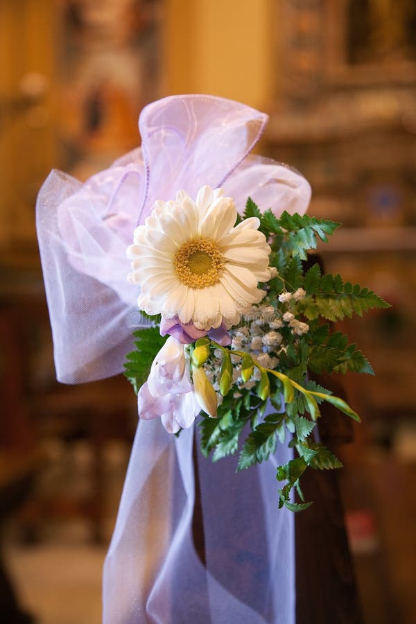 Bow and Flowers in Catholic Church. Stock Photo Image of tulle, wood 56363858