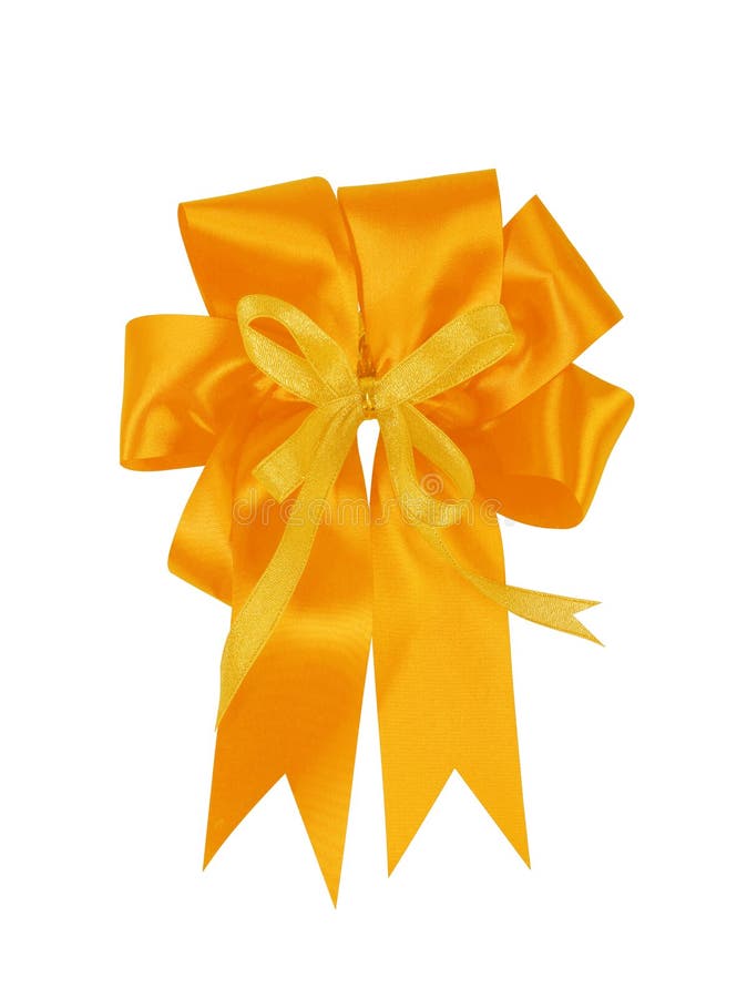 Bow. Golden Satin Gift Bow. Ribbon. Isolated on White Stock Photo