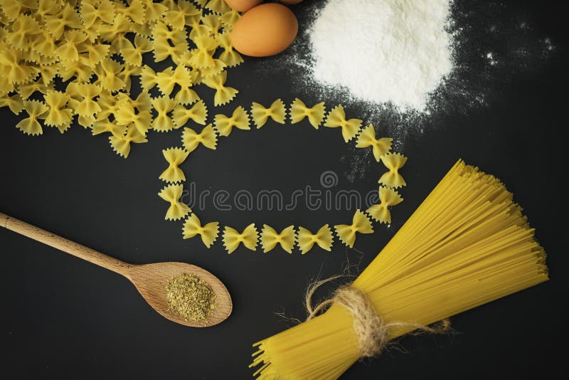 Bow pasta and spaghetti on the whiteboard for drawing. Italian pasta spaghett stock images, royalty-free photos and pictures