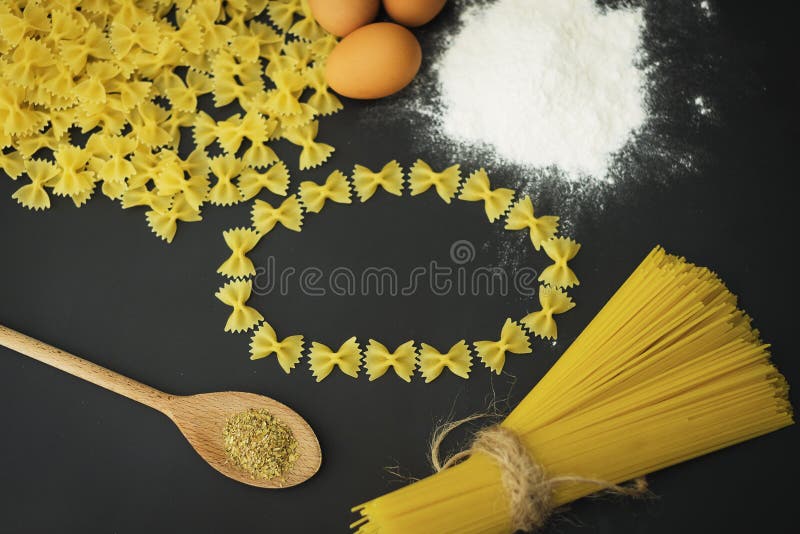 Bow pasta and spaghetti on the whiteboard for drawing. Italian pasta spaghett stock images, royalty-free photos and pictures