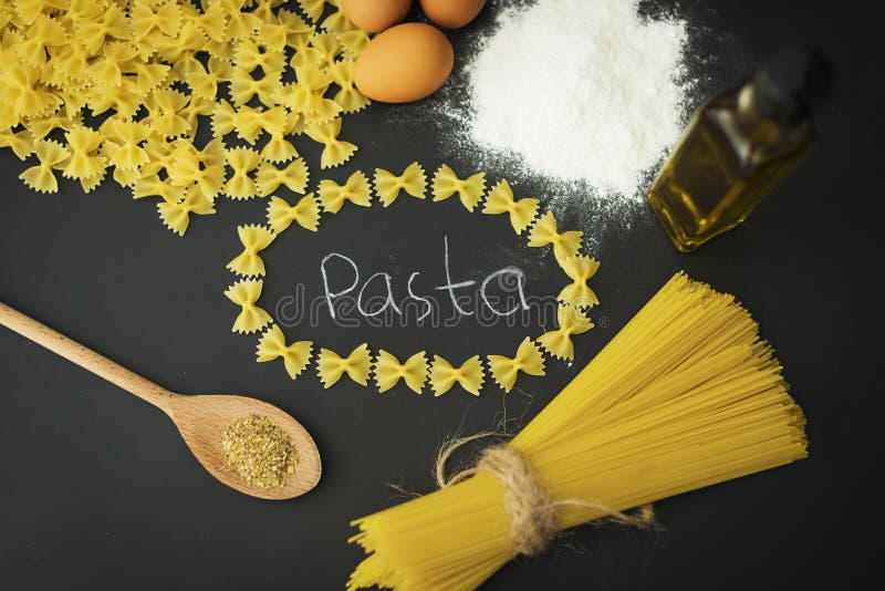 Bow pasta and spaghetti on the whiteboard for drawing. Italian pasta spaghett stock images, royalty-free photos and pictures