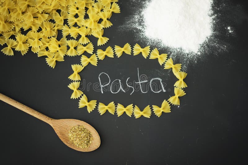 Bow pasta and spaghetti on the whiteboard for drawing. Italian pasta spaghett stock images, royalty-free photos and pictures