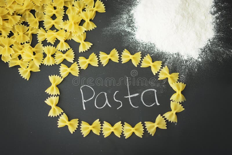 Bow pasta and spaghetti on the whiteboard for drawing. Italian pasta spaghett stock images, royalty-free photos and pictures