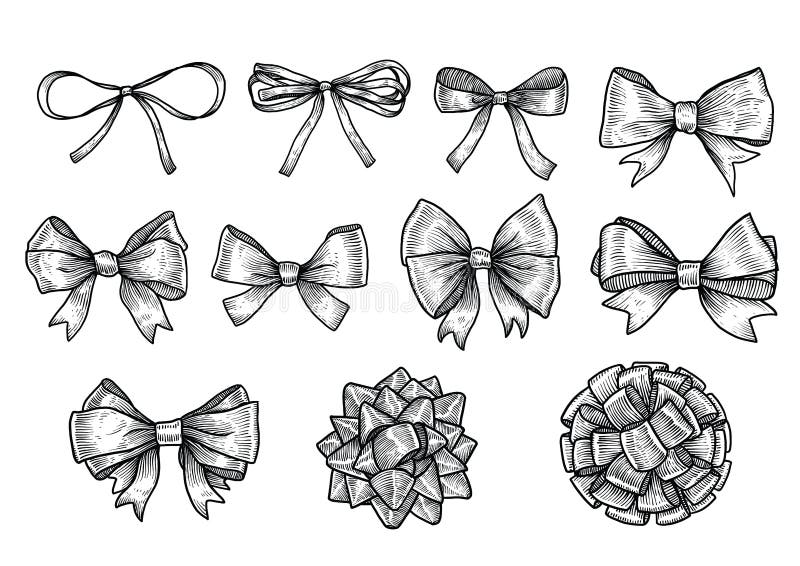 Bow, Ribbon Illustration, Drawing, Engraving, Ink, Line Art, Vector