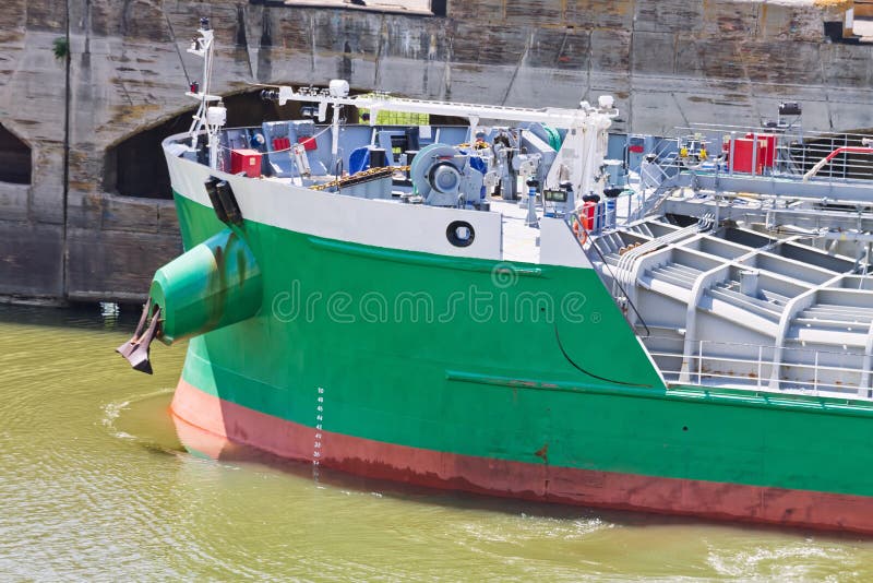 The bow of a river tanker