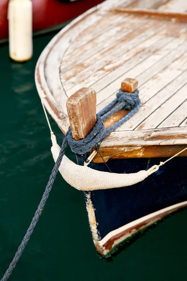 Bow of a Wooden Boat with an Anchor Rope Attached. Close-up Stock Photo ...