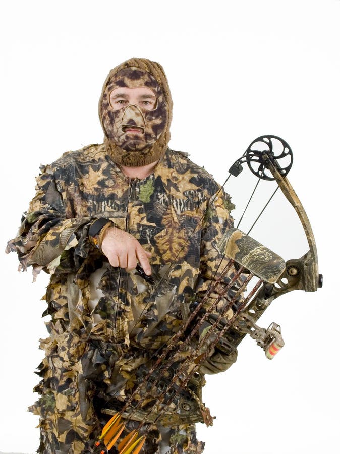 Bowhunter in full camouflage to allow him to get closer to game, over a white background