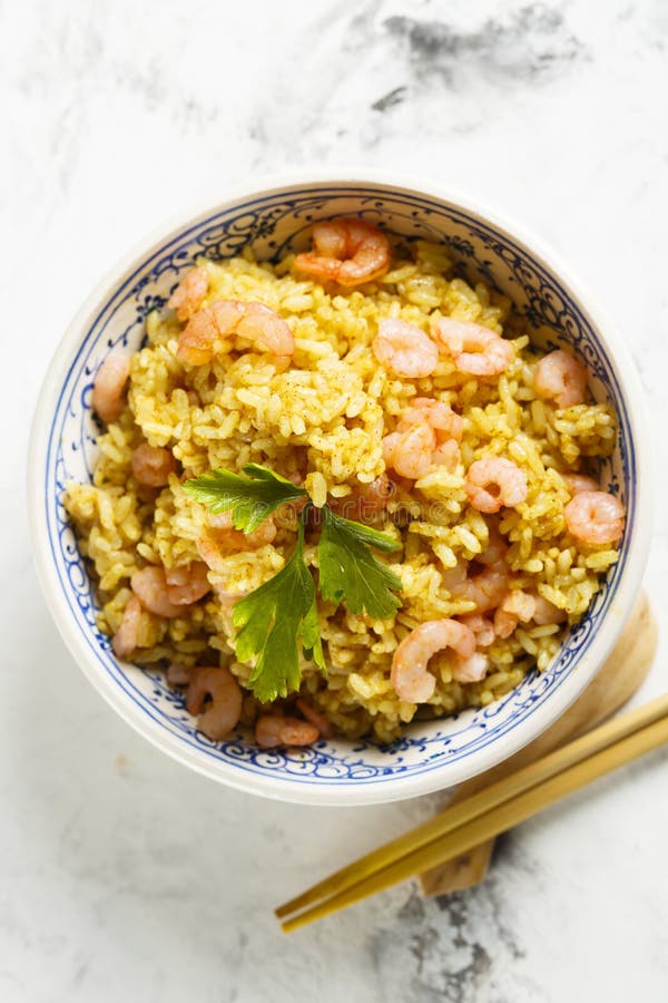 Fried Rice with Shrimps and Spices Stock Photo Image of bowl, blue