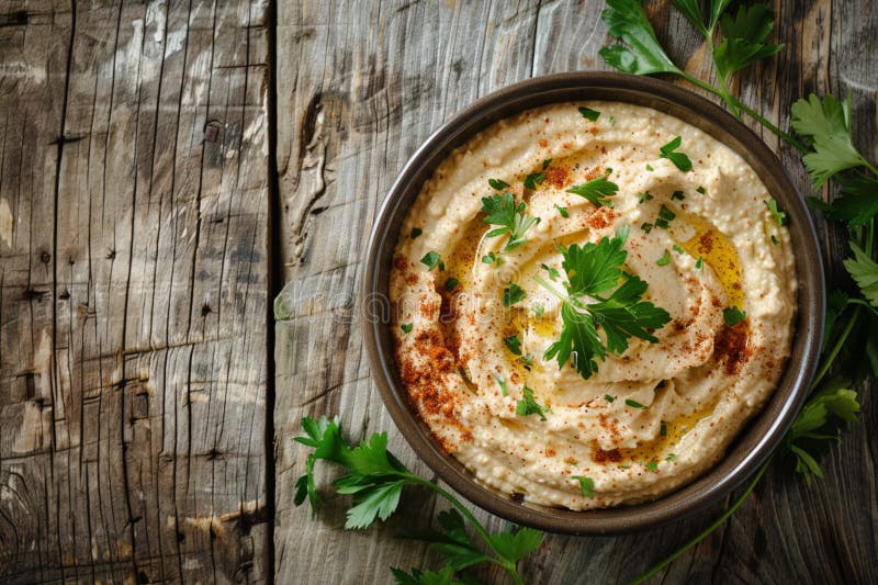 Bowl aus cremigem Hummus mit frischen Kräutern auf einem alten Holztisch, die ein rustikales, hausgemachtes Ambiente schaffen lizenzfreie abbildung