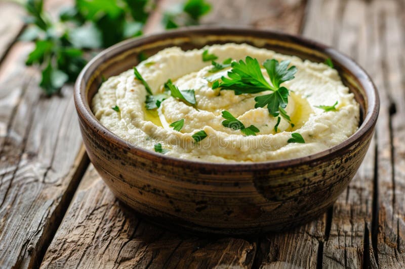 Bowl aus cremigem Hummus mit frischen Kräutern auf einem alten Holztisch, die ein rustikales, hausgemachtes Ambiente schaffen stock abbildung