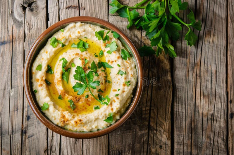 Bowl aus cremigem Hummus mit frischen Kräutern auf einem alten Holztisch, die ein rustikales, hausgemachtes Ambiente schaffen stock abbildung