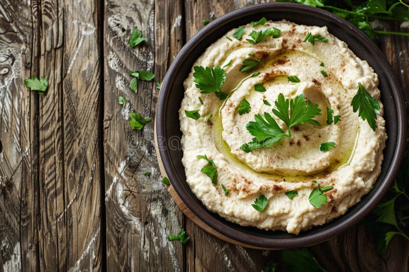Bowl aus cremigem Hummus mit frischen Kräutern auf einem alten Holztisch, die ein rustikales, hausgemachtes Ambiente schaffen vektor abbildung
