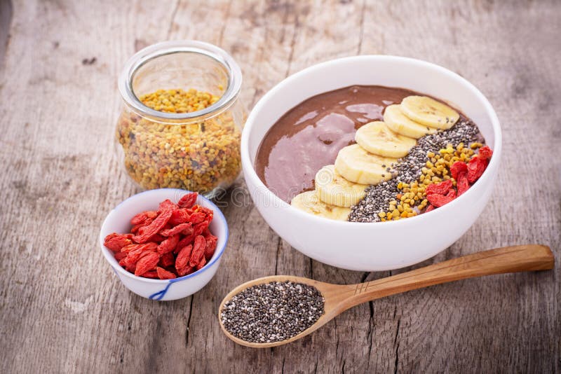 Bowl of breakfast with chocolate banana smoothies