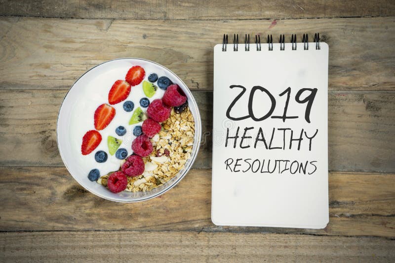 Bowl of cereal with text of 2019 healthy resolutions