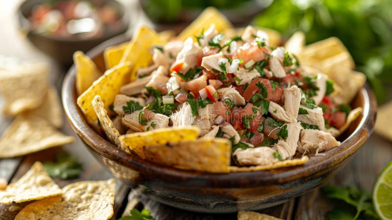 A bowl of chicken nachos with toppings royalty free stock photo
