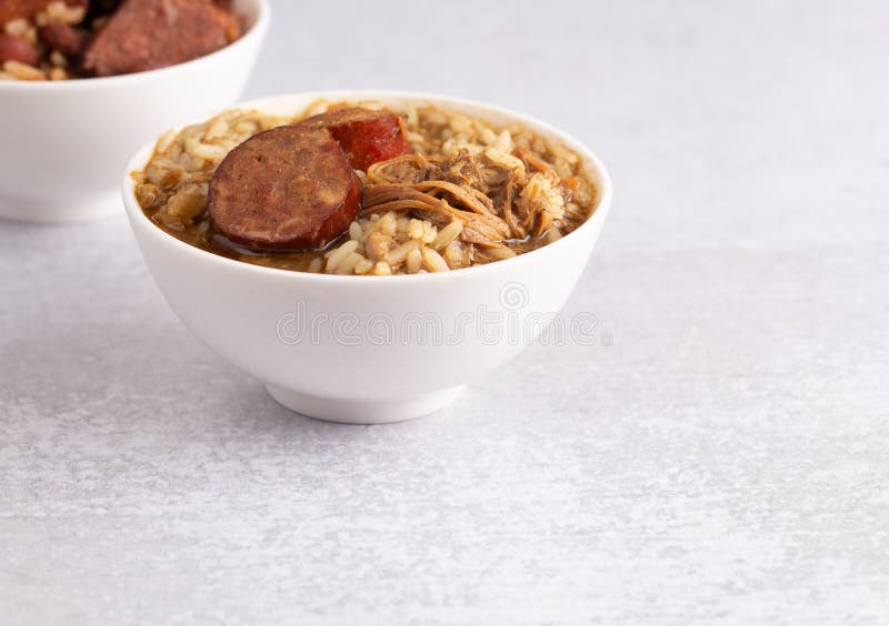 Bowl of Chicken and Sausage Gumbo with Red Beans and Rice with Sausage