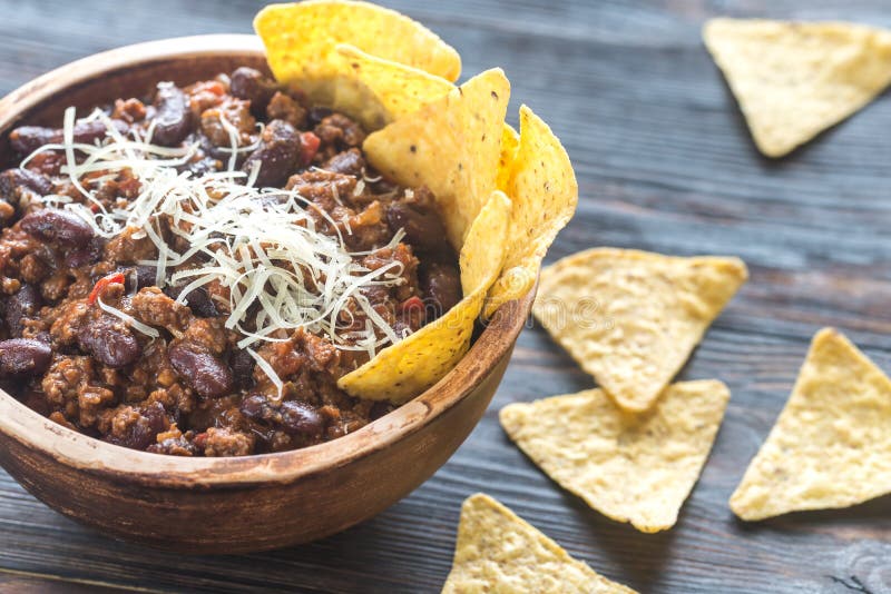 Bowl of Chili Con Carne with Tortilla Chips Stock Photo - Image of beef ...