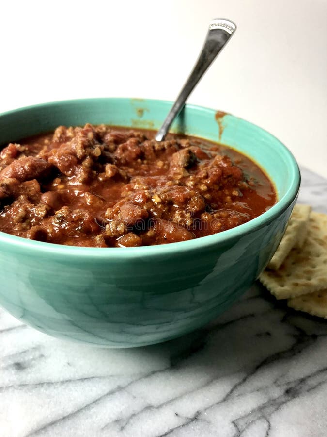 Bowl of chili stock photo. Image of ceramic, saltines 136886564