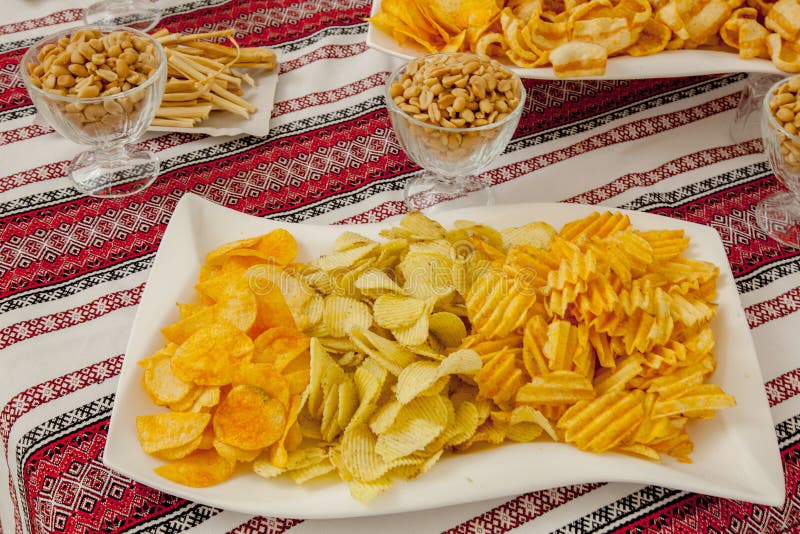Bowl of Chips and Pistachio Perfect Snack for Party Stock Image