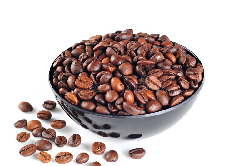 Bowl with coffee beans, white background