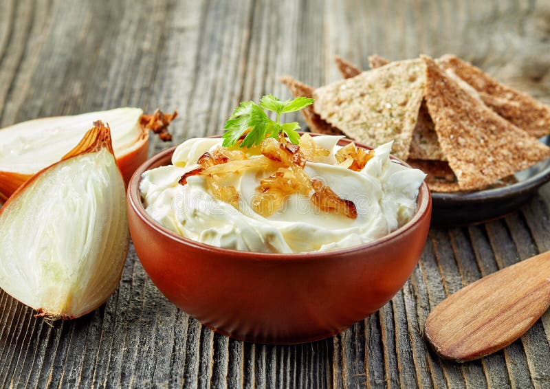 Bowl Of Cream Cheese With Caramelized Onions Stock Image Image of