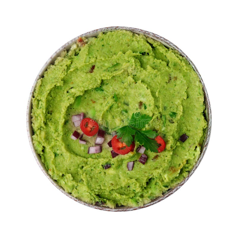 Bowl of delicious guacamole isolated on white stock photos
