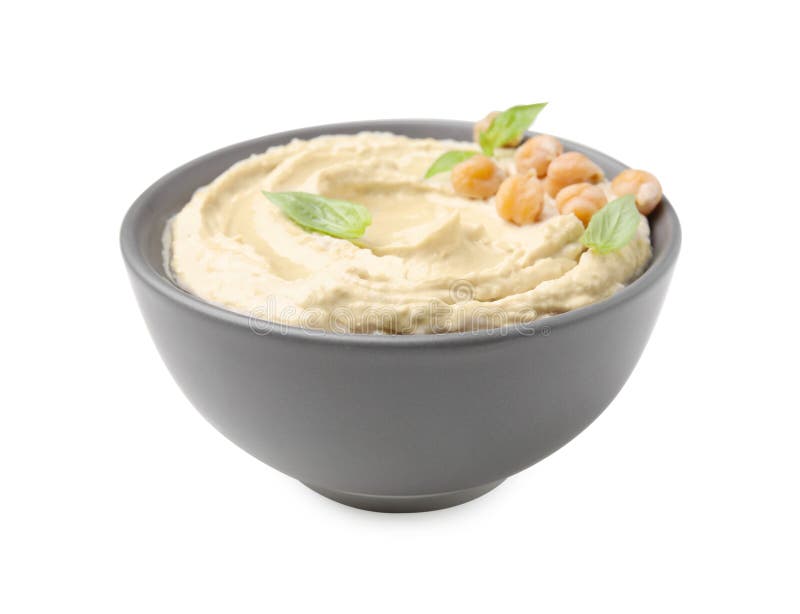 Bowl of Delicious Hummus with Chickpeas Isolated on White Stock Image