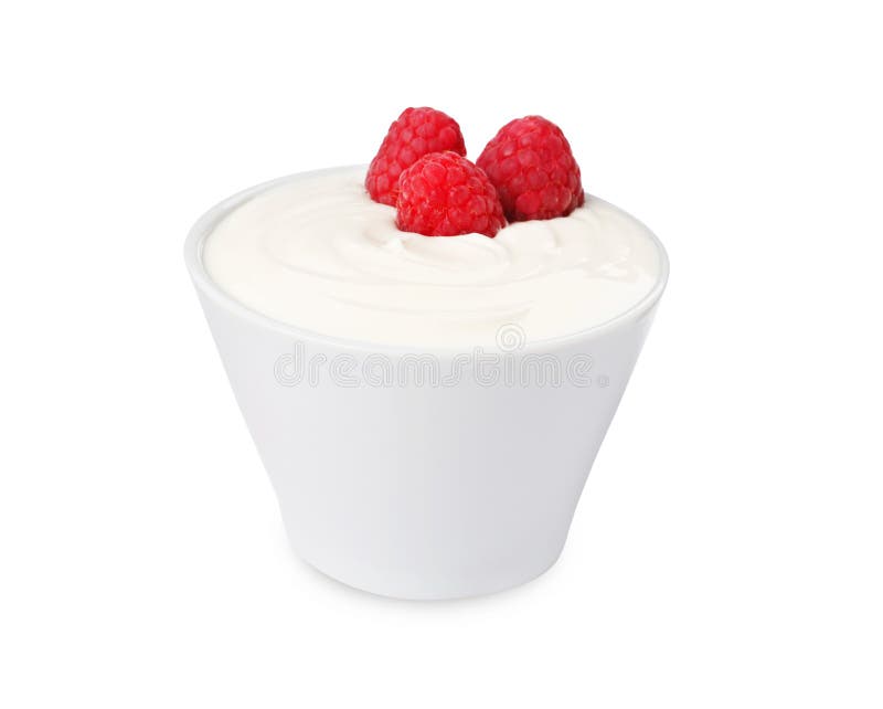 Bowl of Delicious Yogurt with Raspberries Isolated on White Stock Photo