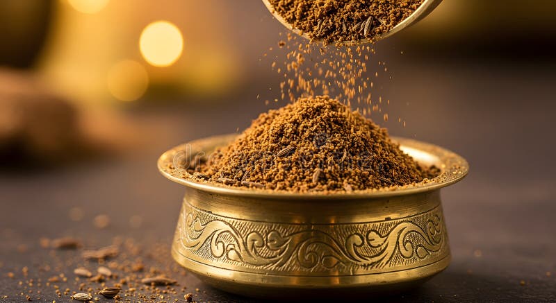 Bowl dorato di cumino aromatico in polvere : Un Ingrediente Cucina Indiana Di Marrone Ricco Di Carne Bellante È Essenziale Per La illustrazione di stock