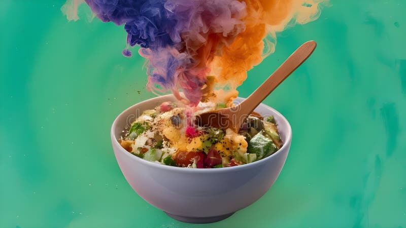 Castron de alimente cu fum colorat în creștere și lingură de lemn. vector illustration