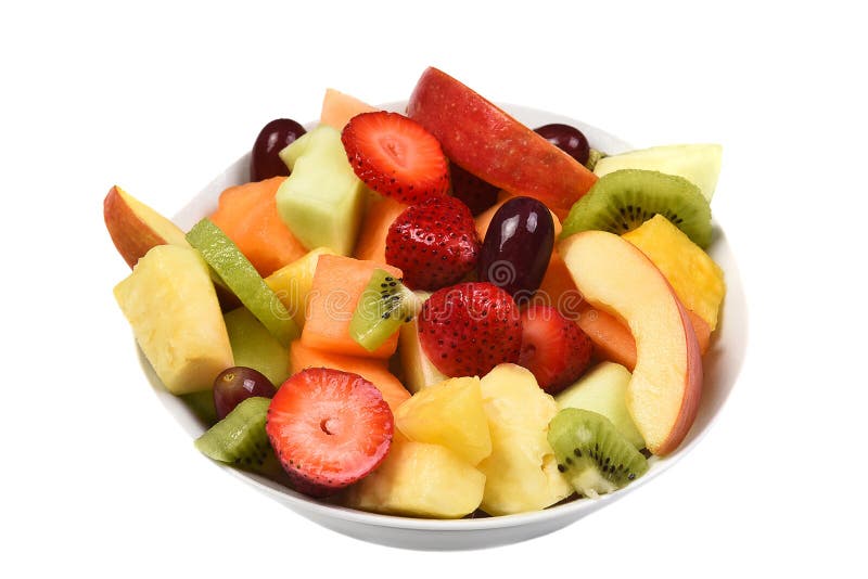 A bowl of fresh cut fruit. Isolated on white fruits include, Strawberry, Pineapple, Apple, Cantaloupe, Honeydew Melon, Kiwi and Grapes.