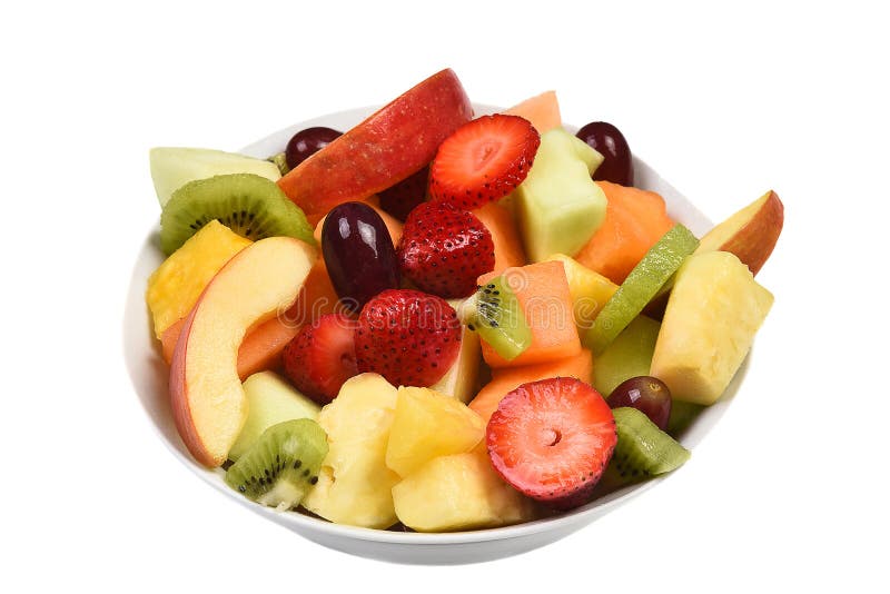 A bowl of fresh cut mixed fruits. Isolated on white fruit includes, Strawberry, Pineapple, Apple, Cantaloupe, Honeydew Melon, Kiwi
