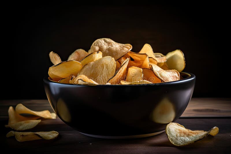 Bowl of Freshly Made Potatoes Chips, Ready To Be Devoured Stock