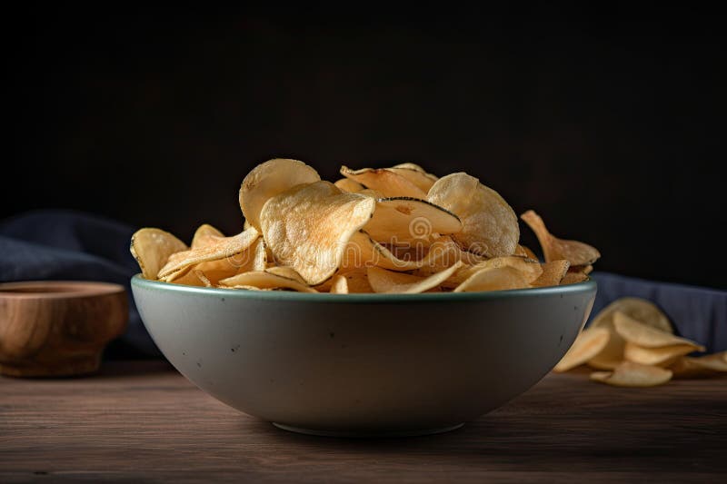 Bowl of Freshly Made Potatoes Chips, Ready To Be Devoured Stock