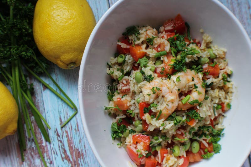A Bowl of Fried Rice with Vegetables and Shrimp Stock Photo - Image of