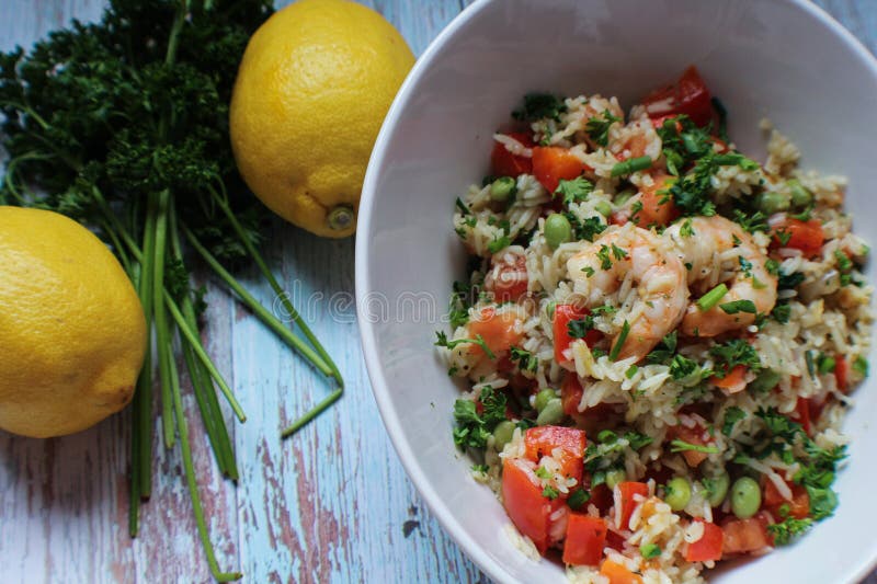 A Bowl of Fried Rice with Vegetables and Shrimp Stock Image - Image of