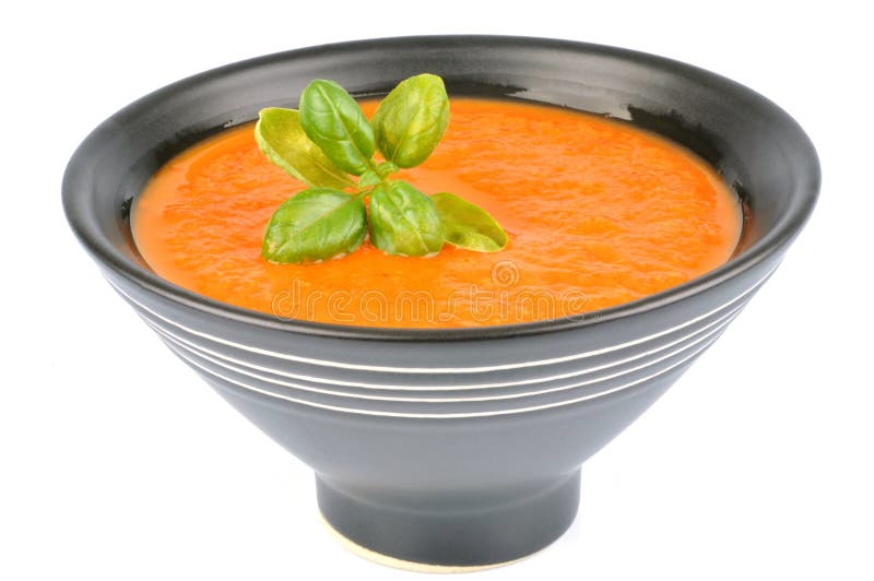 Bowl of Gazpacho with Basil Leaves Stock Photo - Image of food, soup ...