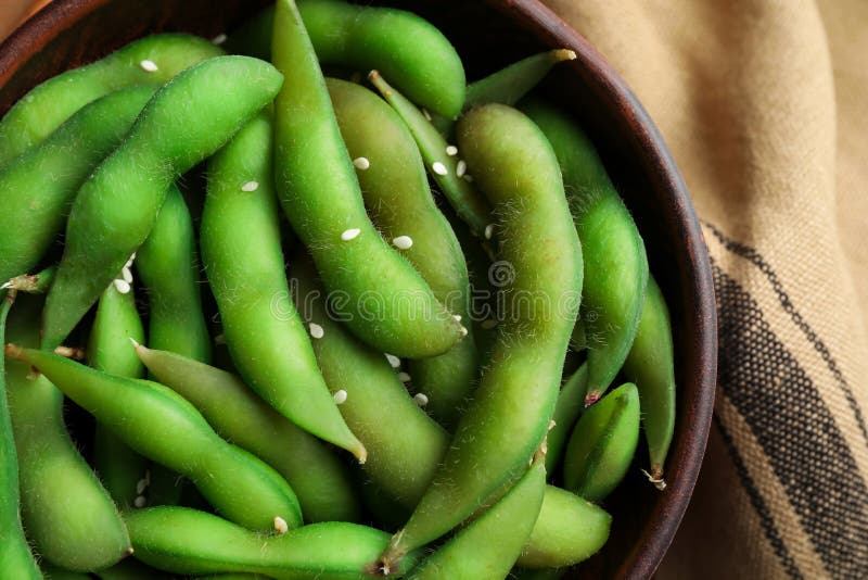 Bowl with Green Edamame Beans in Pods on Table, Top View Stock Image Image of lunch, dinner