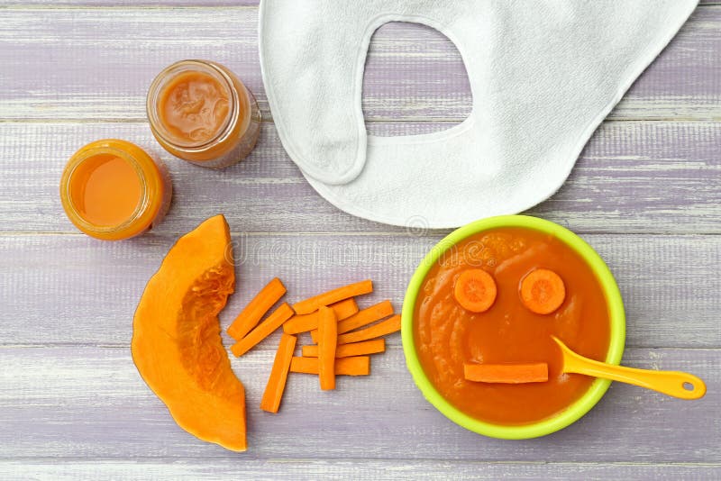 Bowl with Healthy Baby Food on Kitchen Table Stock Image Image of