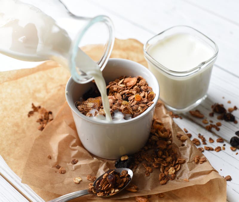 A Bowl of Homemade Granola, a Glass of Yoghurt and a Bottle of Milk ...