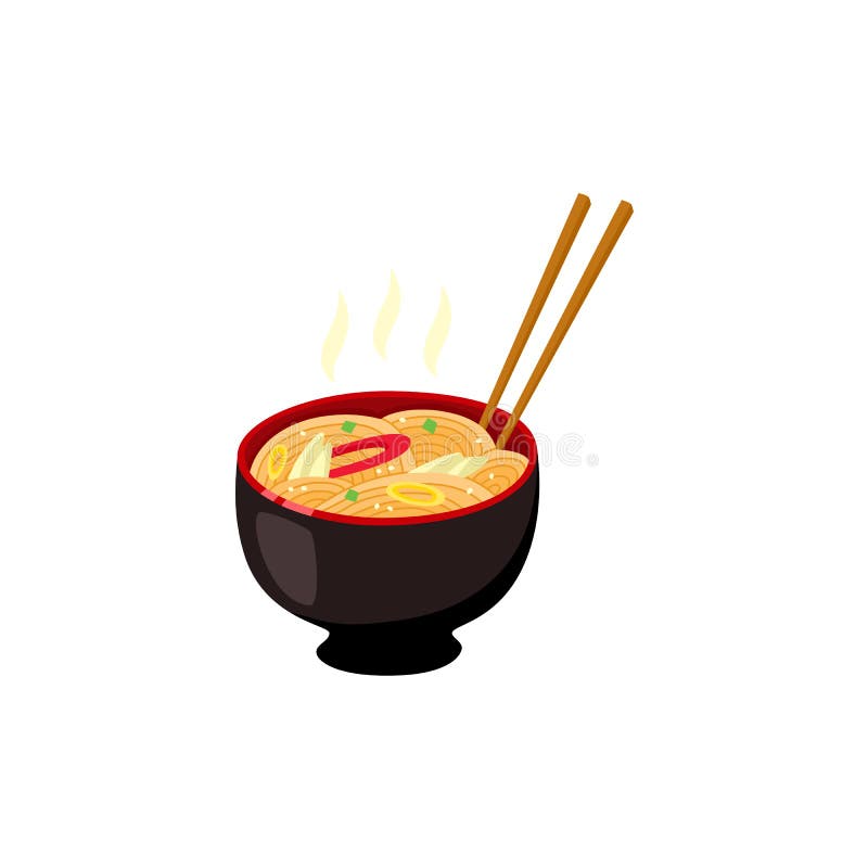Bowl with hot ready-to-eat ramen noodles with vegetables and chopsticks. royalty free illustration Bowl with hot ready-to-eat ramen noodles with vegetables and chopsticks. royalty free illustration