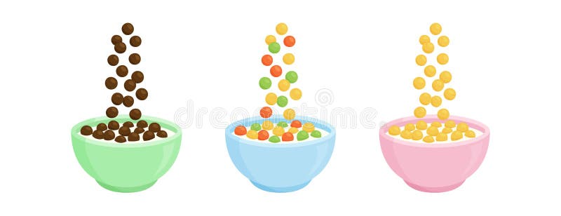 Bowl Leche Cereal Vector Desayuno. Avena De Dibujos Animados. Diferentes Sabores Dulces. Coloridos Copos De Maíz. Alimentos Saluda Ilustración del Vector