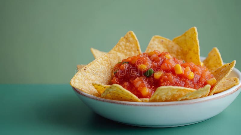 Bowl of nachos with salsa against a green background. royalty free stock photos