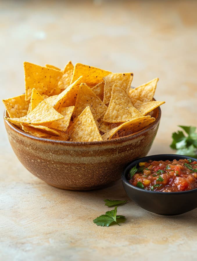 Bowl of nachos with salsa on a table. stock photos