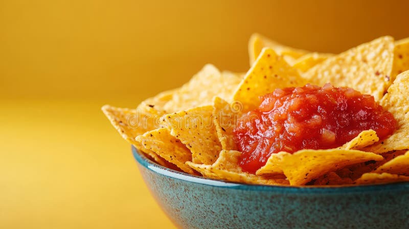 Bowl of nachos with salsa on a yellow background. stock image