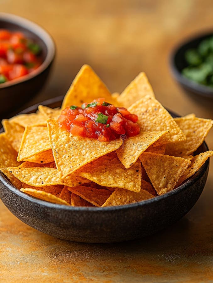 Bowl of nachos topped with salsa. stock photography