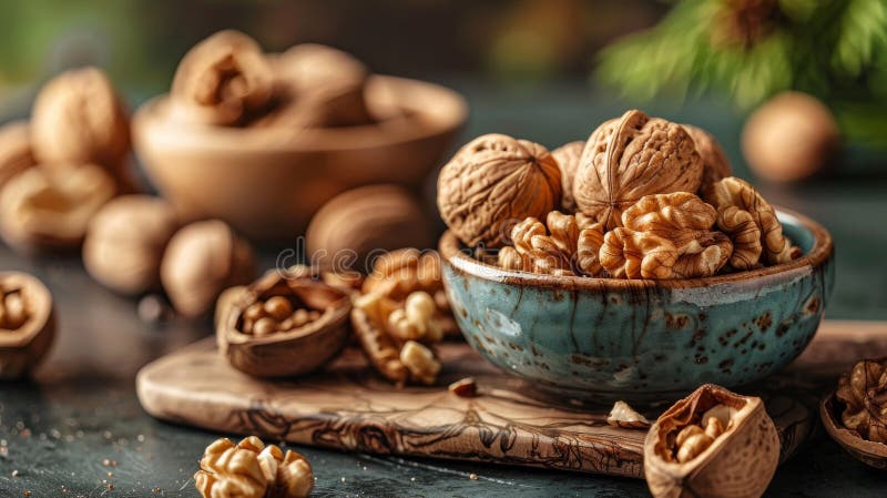 A bowl of nuts and walnuts on a table with some scattered around, AI. A bowl of nuts and walnuts on a table with some scattered around AI generated