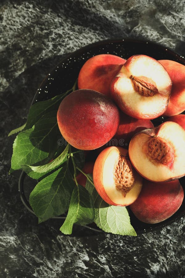 Bowl with Peach Fruits on Black Smokey Table Stock Photo Image of