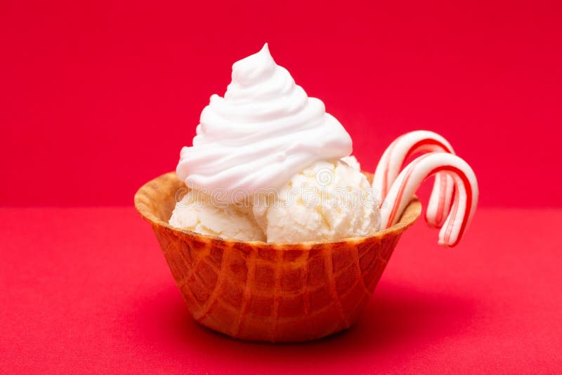Bowl of Peppermint Ice Cream in an Edible Waffle Cone Bowl Stock Photo