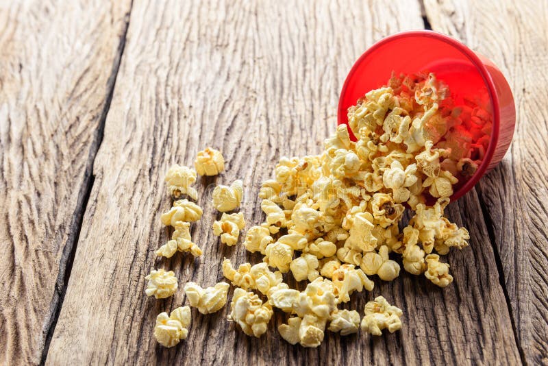 Bowl of Popcorn Spilled on Wooden Table Stock Image Image of fresh